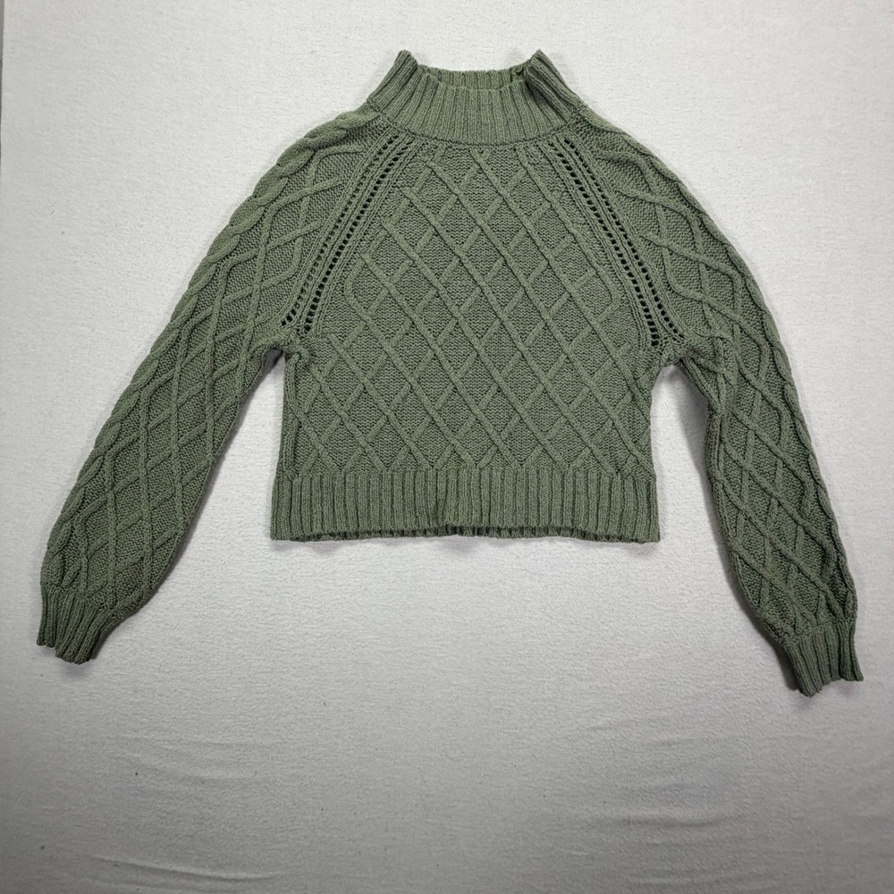 American Eagle Sweater‎ Womens L Good Olive Green Cable Knit Cropped Mock Neck